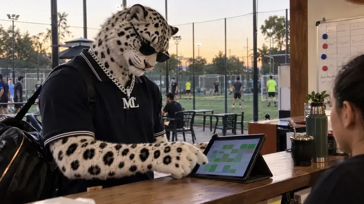 Whitte en la recepción de un complejo deportivo mirando la grilla de reservas en una tablet