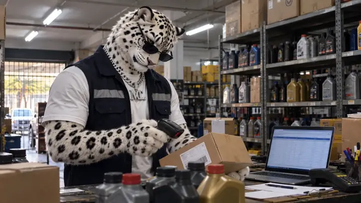 Whitte escaneando cajas en un depósito de lubricantes con el inventario en la computadora