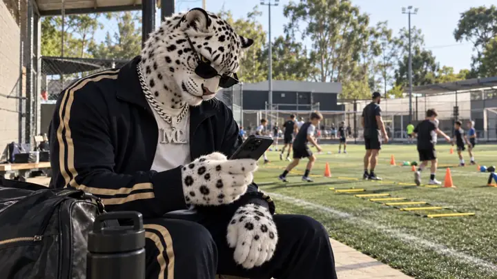 Whitte revisando un chat en el celular al costado de un entrenamiento deportivo