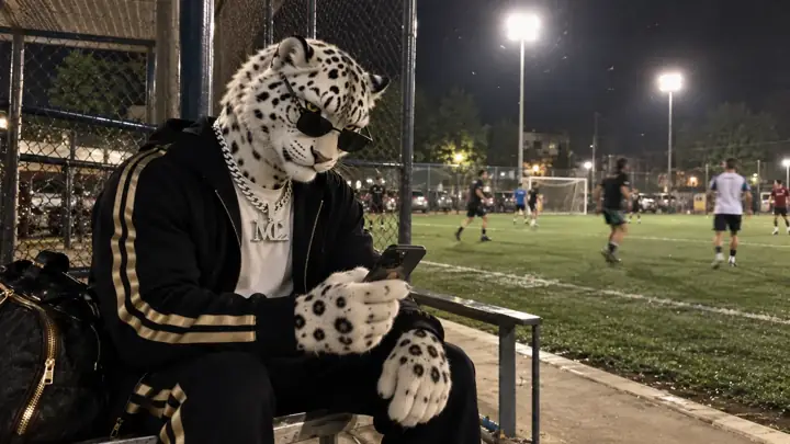 Whitte revisando reservas en el celular al costado de una cancha de fútbol iluminada de noche