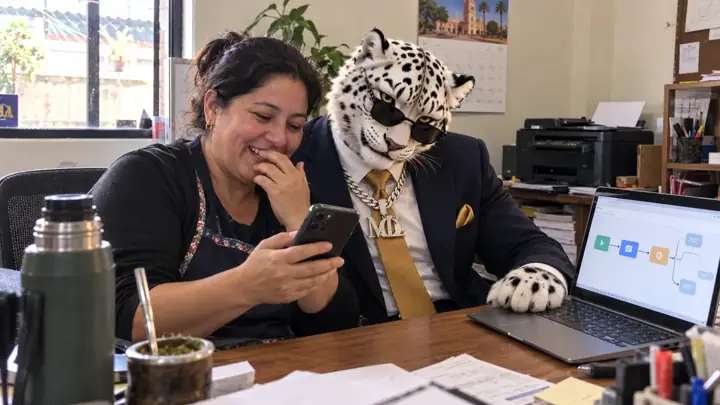 Una dueña de negocio sonriendo al ver la primera respuesta automática en su celular, junto a Whitte