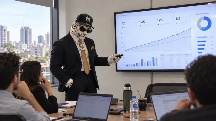Whitte presentando un tablero de resultados a un equipo